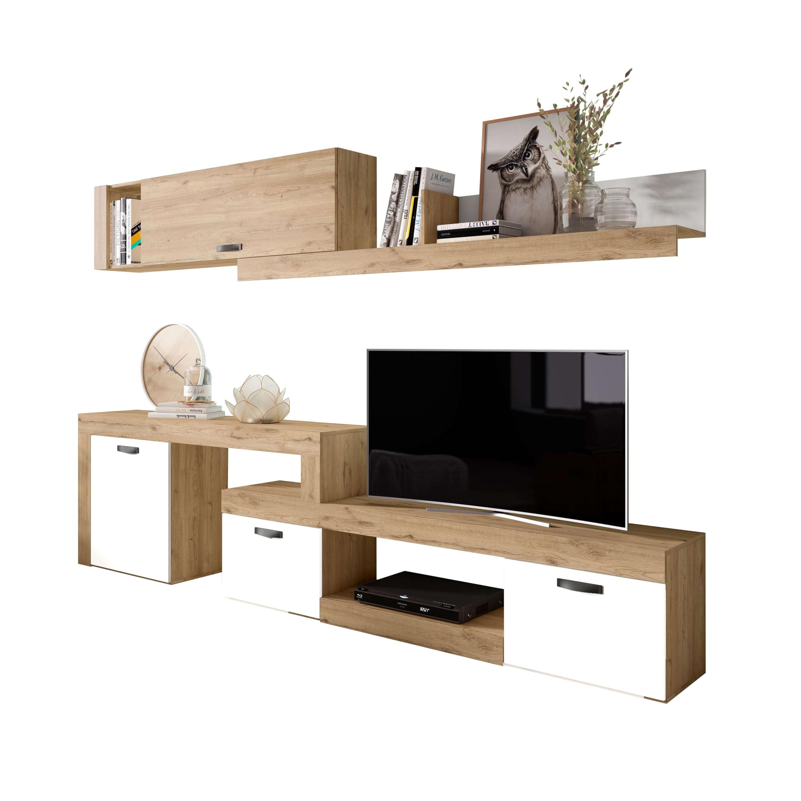 FABRIKIT Mueble Salón Modular Rinconero Conjunto Completo Mueble TV Argos 4 Módulos Blanco Mate y Roble Naturale 293x200x40 cm