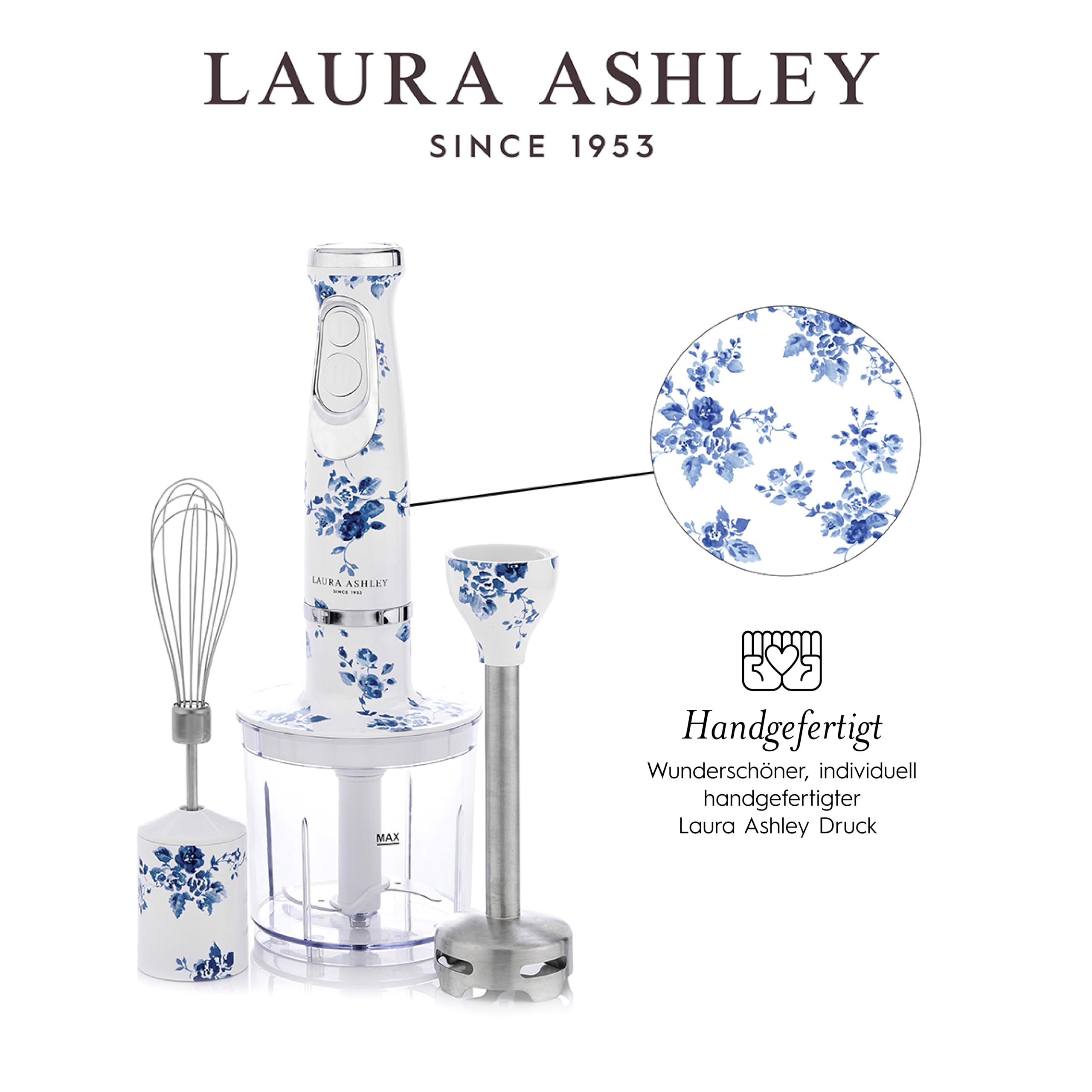 Laura Ashley Stabmixer mit China Rose Print von VQ - 4 in 1 600W elektrischer mixer mit langlebigen Edelstahlklingen, Schneebesen, Schüssel zum Zerkleinern und 300ml Mix- und Ausgießbecher