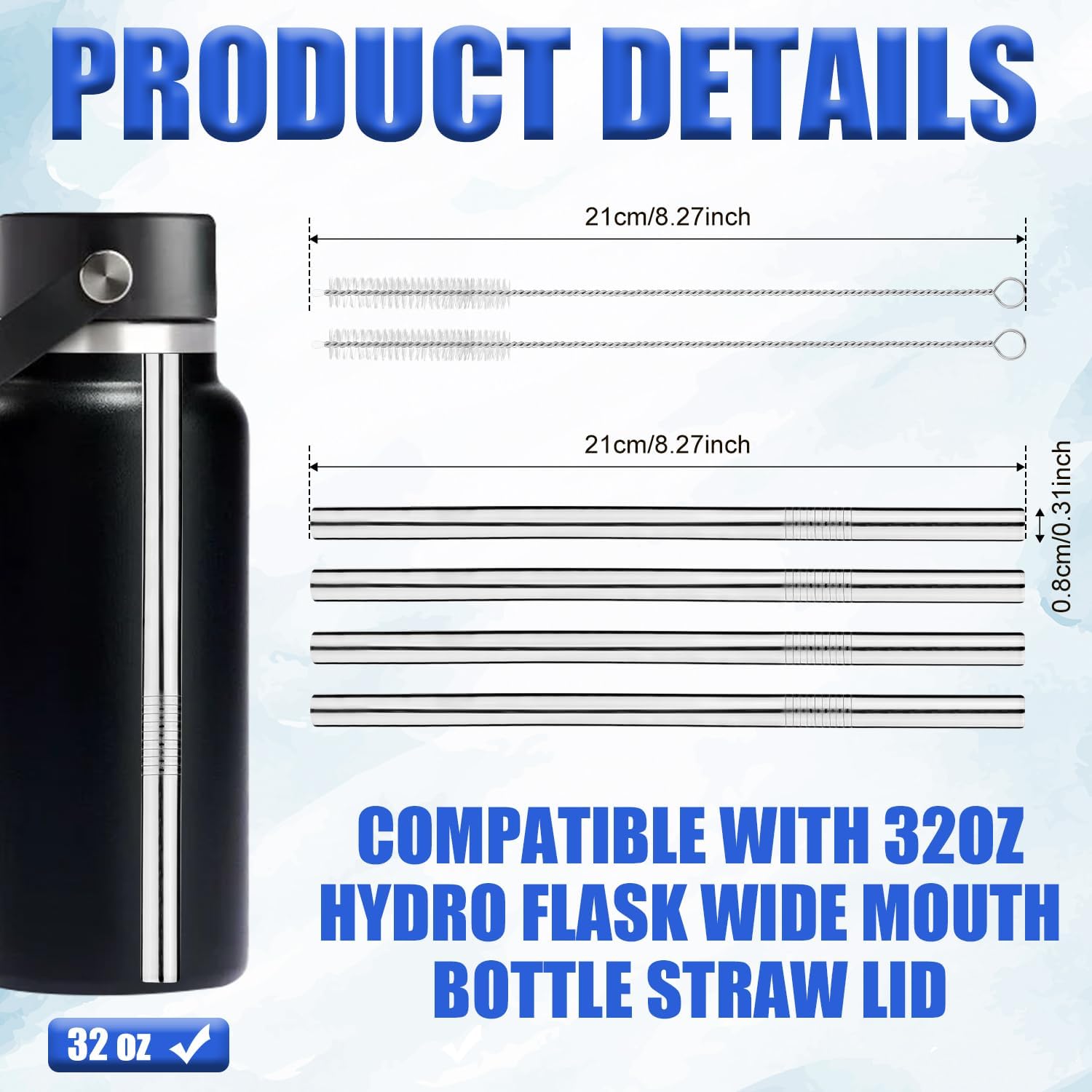 4pcs Metal Straw Replacement for Hydro Flask 32oz Wide Flex Straw Cap Bottle, Stainless Steel Cup Straws with 2pcs Brushes Parts Accessories Compatible with HydroFlask Wide Mouth Bottle(Silver)