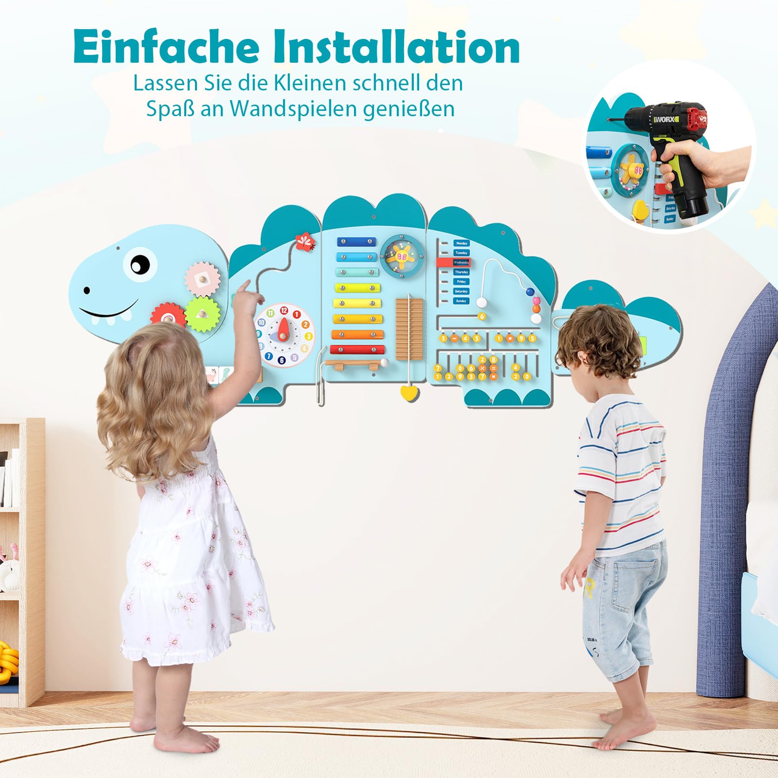 COSTWAY Montessori Motoriekbord, 11-w-1 Deska zabaw z drewna z blokami i ksylophonem oraz abakusem, zabawka Montessori, deska zabaw dla dzieci od 1 roku życia (niebieski)