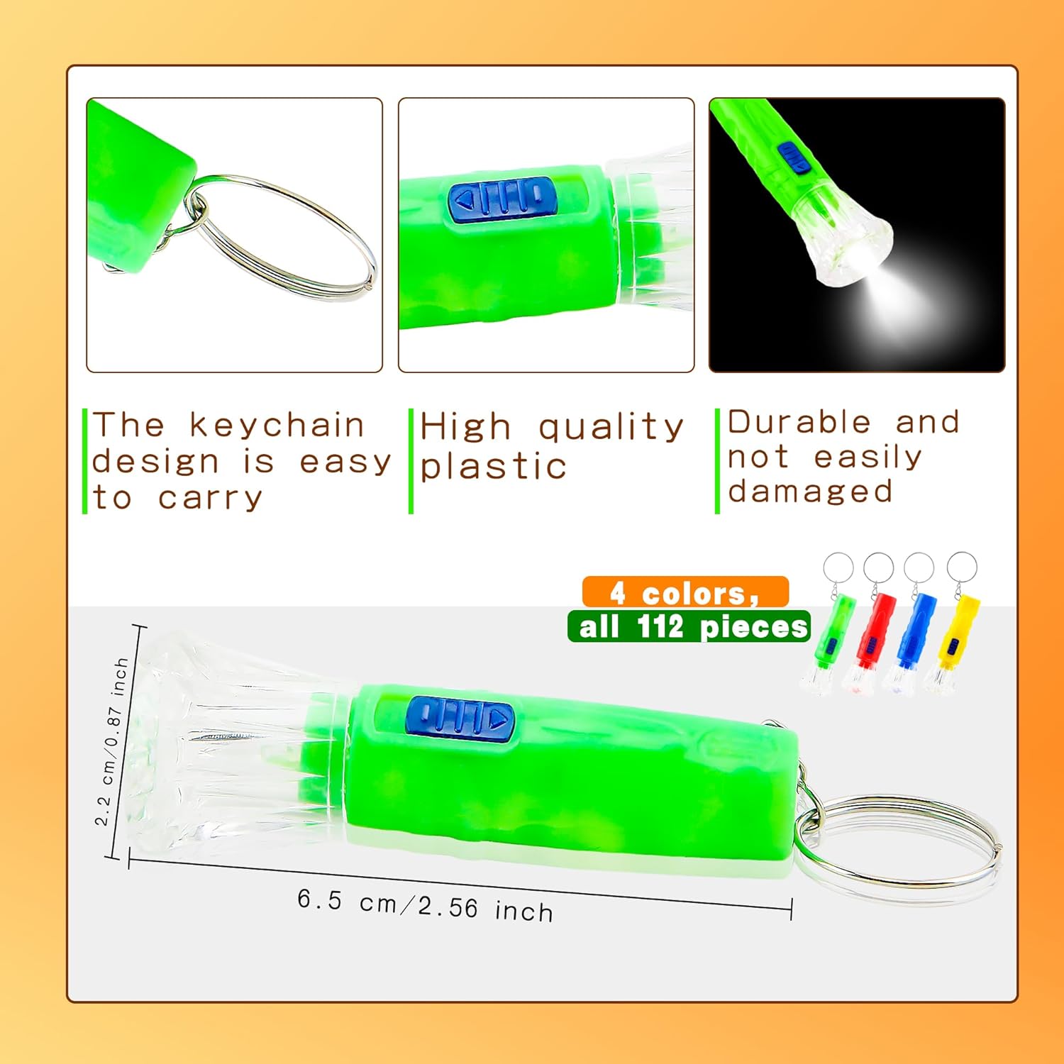 112 Pack Mini Flashlight Keychain Small Led Flashlight Keychain Portable Colorful Flashlight Key Ring Bulk for Outdoor Camping Hiking Activity and Emergency Lighting, 4 Colors