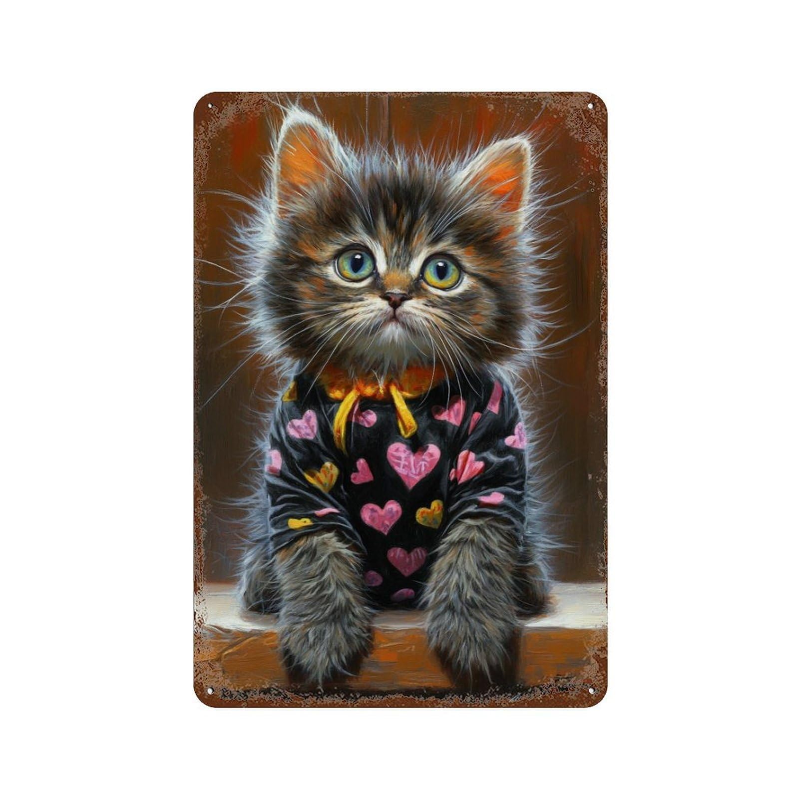 Cute Kitten in Heart Shirt 11.8"x7.9" Aged Metal Wall Plaque, Classic Wall Plaque for Pub, Kitchen And Man Cave Decor