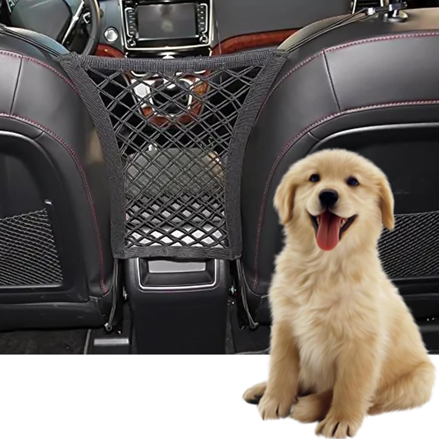 Dog Car Net Barrier, Seat Back Net Storage Bag, Car Front and Rear Seat Elastic Isolation Net, Easy to Install, Driving with Children and Pets is Safer, Universal for Cars, SUVs, Trucks black - Image 1 of 6