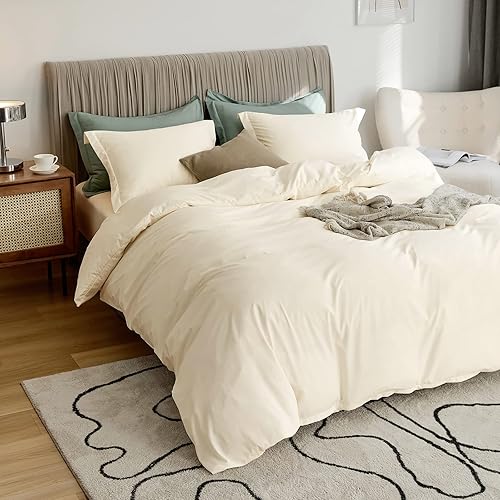 Miniatura 2 de VClife Juego de funda de edredón de lino color crema, juego de ropa de cama de microfibra suave, 3 piezas, tamaño California King, color beige