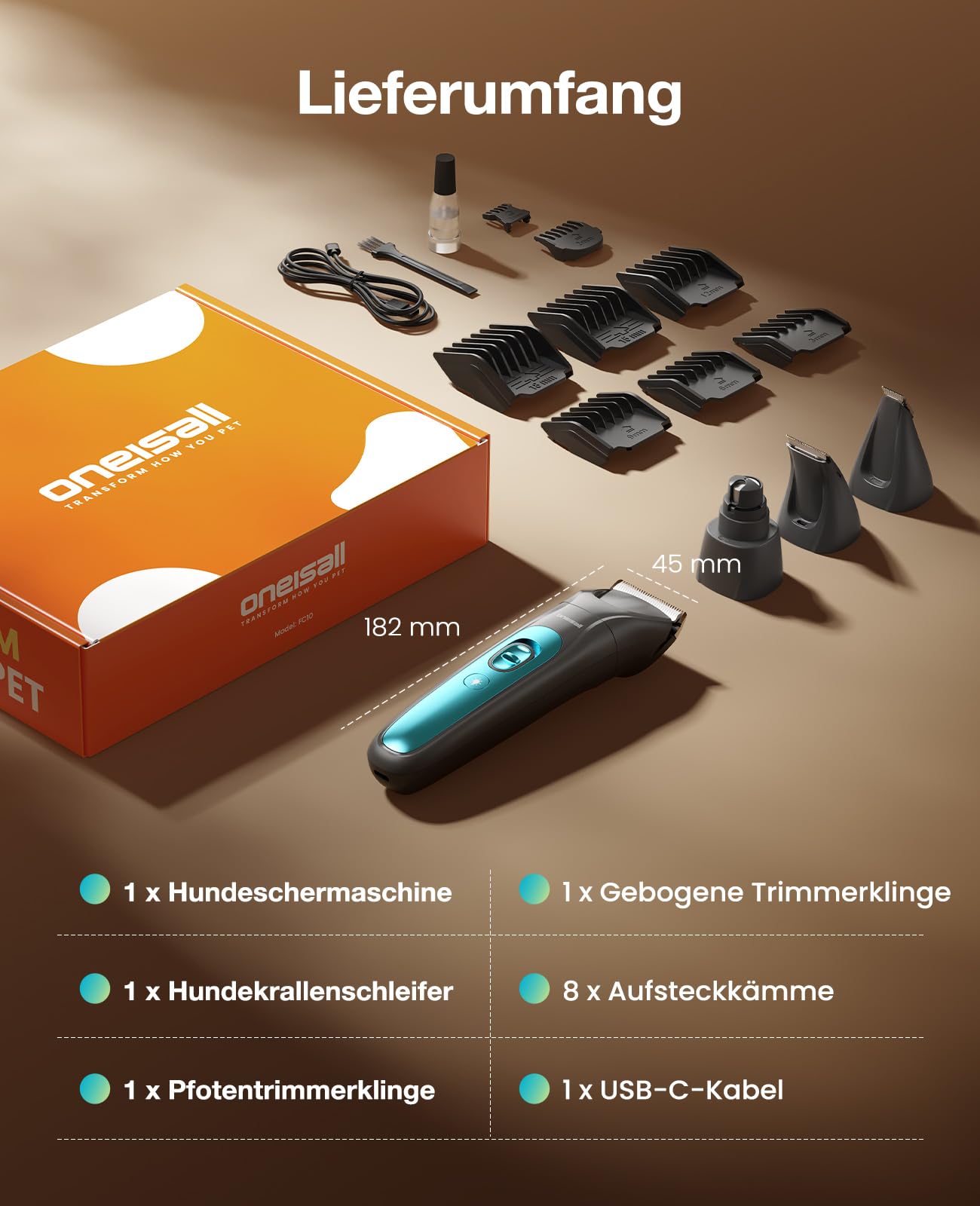 oneisall 4in1 Leise Schermaschine Hund Katze mit LED-Licht, Tierhaarpflege zum Hundeschermaschine & Pfotentrimmer & Krallenschleifer, 2000mAh Wiederaufladbar Hundehaarschneidemaschine