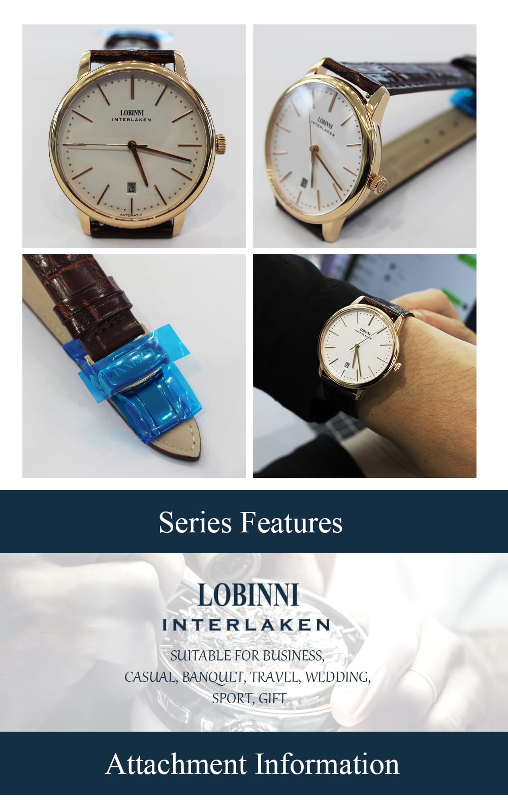 LOBINNI Reloj mecánico automático ultrafino para hombre, caja delgada de 7,9 mm, cristal de zafiro, calendario, correa de piel auténtica, resistente al agua, reloj de pulsera elegante