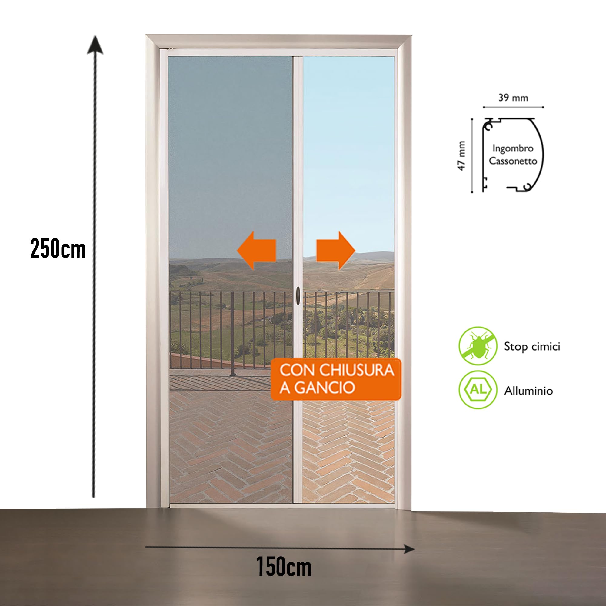 AEFFE Zanzariera a Rullo per Porta Finestra Alluminio 150x250cm, Diversi colori, Riducibile, Avvolgibile per Porte, Finestre, Balconi, Terrazzi (Bianco)