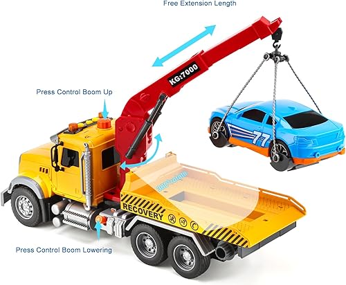 Miniatura 2 de Camión de remolque para niños con auto para niños de 4 a 7 años de edad, camión de remolque grande para niños de cama plana y grúa con sonidos y