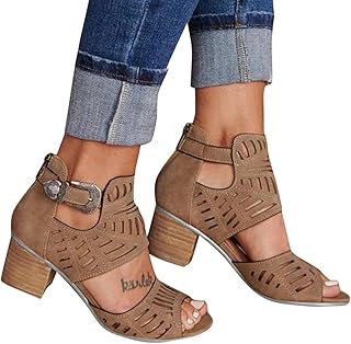 Sandals for Women Wide Width Flat Hollow Out Chunky Heel Peep Toe Ankle Strap Sandals Casual Beach Womens Sandals
