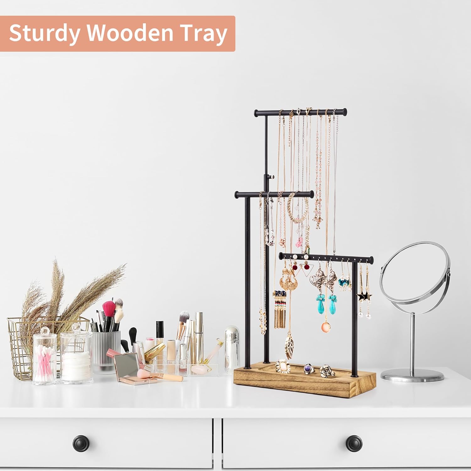 SRIWATANA Jewelry Organizer Stand, Extra Tall Necklace Holder Jewelry Holder, Gift Idea (Carbonized Black & Black) - Image 5