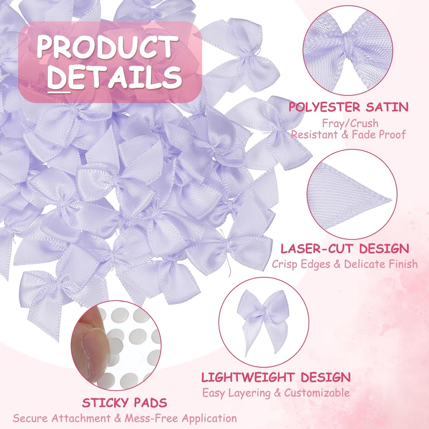 Mini Bows Small Satin Ribbon Bows with Sticky Pads, 1 Inch Fit for Crafts Wedding Party Decor Gift Wrapping Sewing DIY (50 Pack, Light Purple) - Image 3