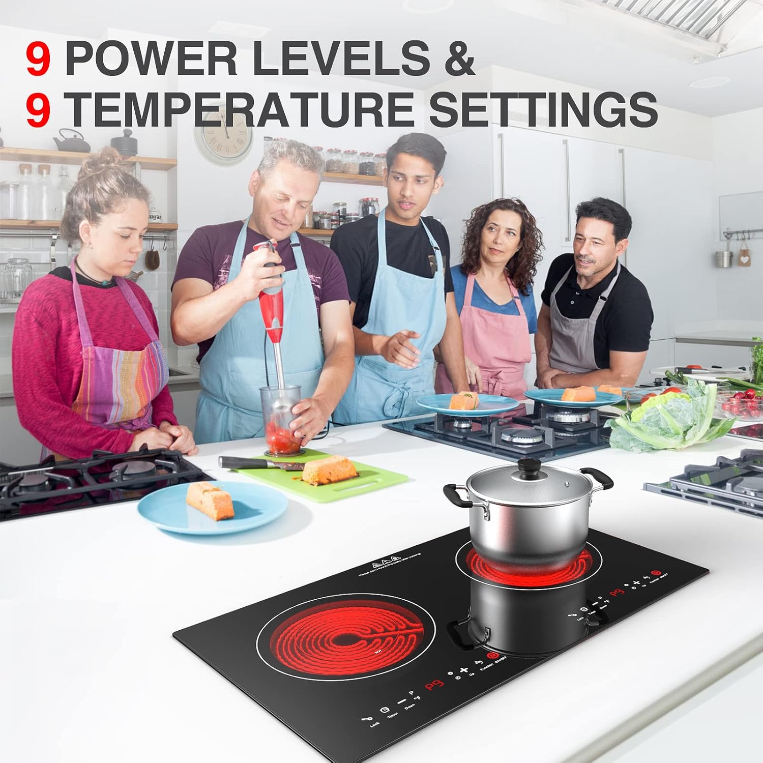 Electric Cooktop, 2 Burner Electric Cooktop LED Touch Screen, 9 Heating Levels, Hot Surface Indicator Hot Plates for Cooking, 2400W 120V Built