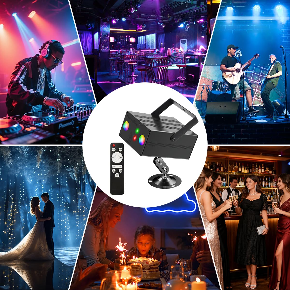 Projecteur LED stroboscopique DJ RVB avec activation sonore pour fêtes, Noël, club, bar, cadeau, anniversaire, rave, appareil d'éclairage de scène.