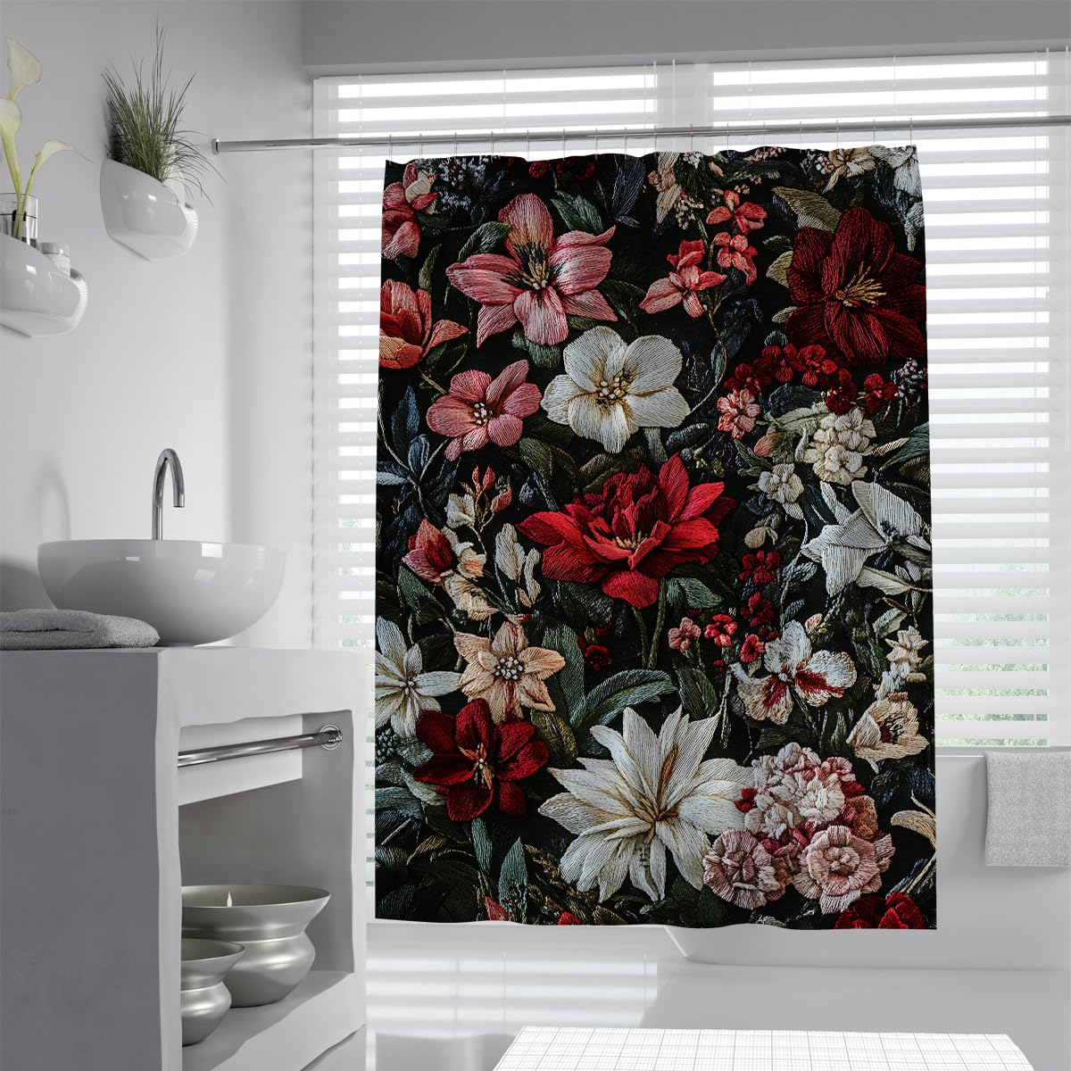 Rideau salle bain floral sombre W120xL200cm pour douche italienne
