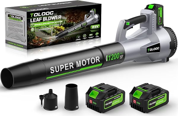 TOLOOC Leaf Blower Cordless,1200W Brushless Electric Blower with 2 X 5.0Ah Battery, 6 Speed Levels,Lightweight Battery L