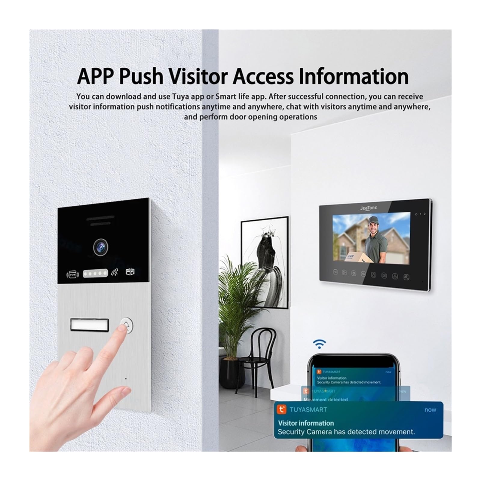 Timbre con Video, Videoportero inalámbrico Tuya Smart App de 7 Pulgadas, 1080P, con WiFi, for 1-4 hogares, Tarjeta RFIC, Timbre, Portero automático, intercomunicador for Villas(M86714W1-EMB)