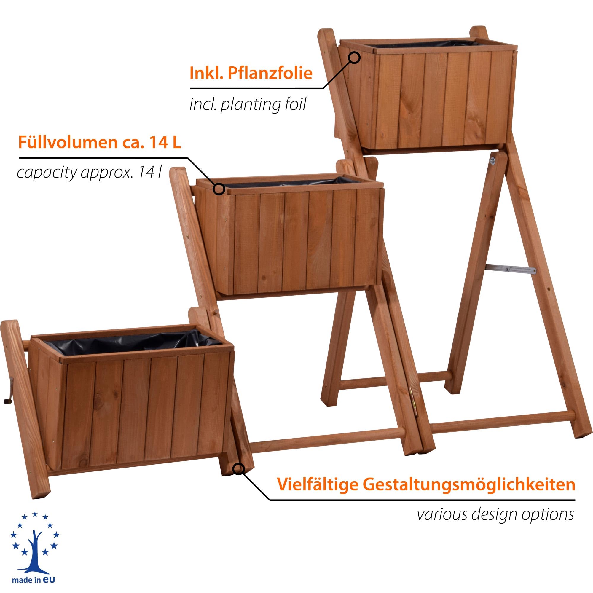 dobar® 29251e ausklappbare Pflanztreppe Dreistufig | Blumentreppe mit 3 separaten Pflanzkästen | Blumenkästen inkl. Pflanzfolie | Vormontierte Blumenkasten | Pflanzkübel Holz | 41 x 55 x 85 cm | Braun