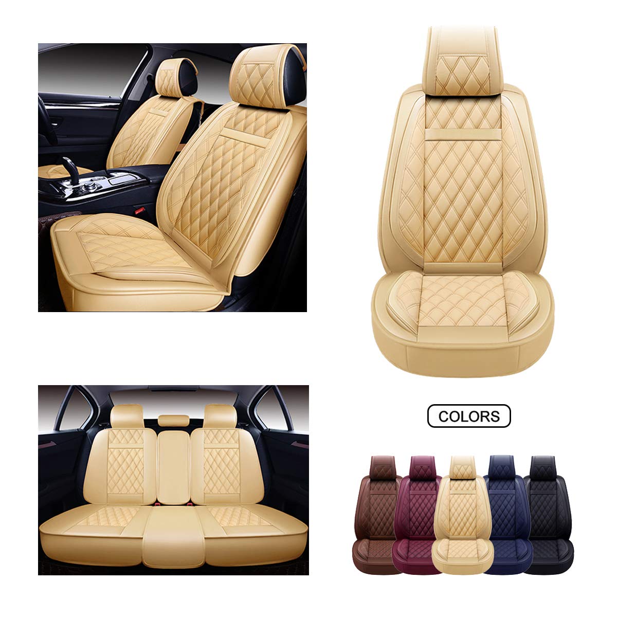 OASIS AUTO OS-009 Leather Car Seat Covers, Faux Leatherette Automotive Vehicle Cushion Cover for 5 Passenger Cars & SUV Universal Fit Set for Auto Interior Accessories (Front&Rear, TAN)