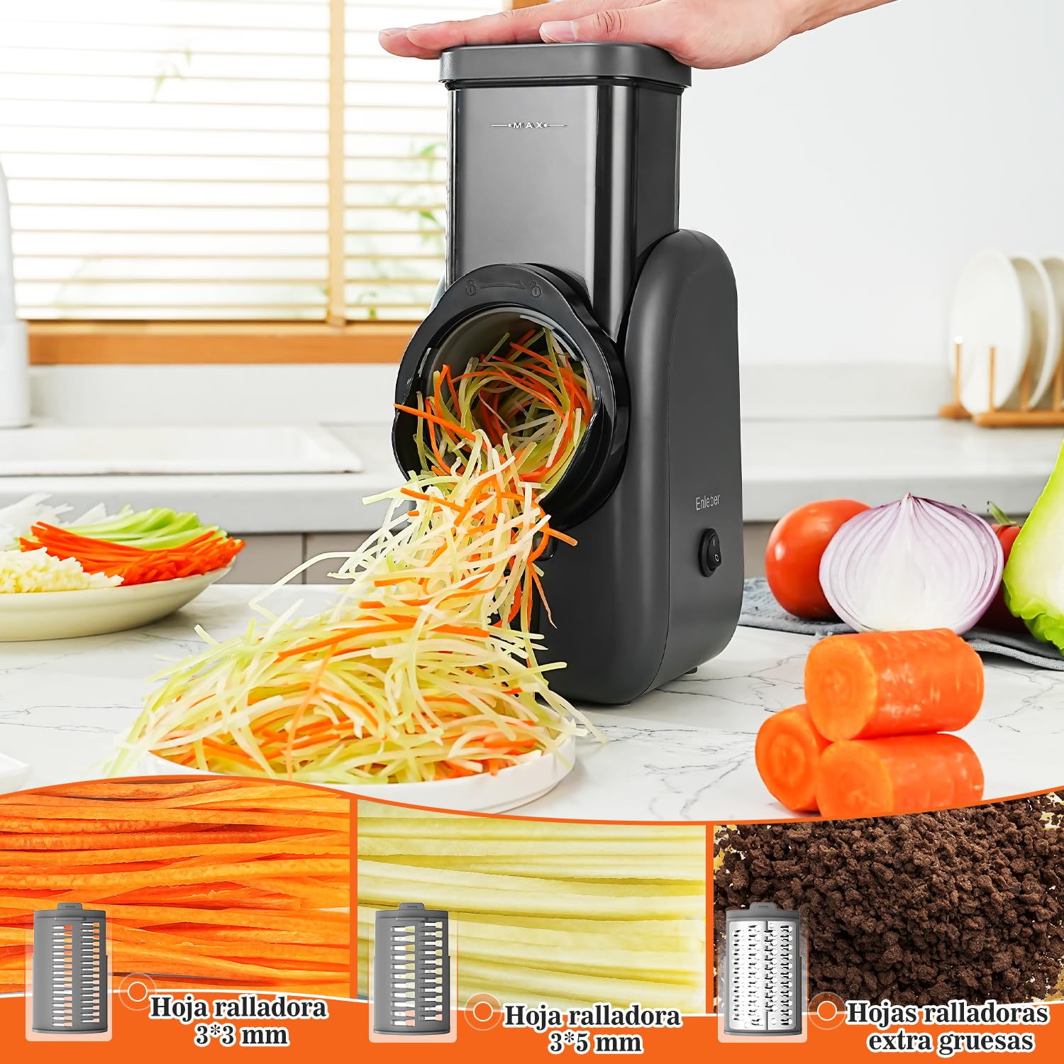 Rallador Eléctrico de Queso, Verduras y Fruta, Cortador Eléctrico, para Zanahorias, Pepino, Manzanas, Nueces Gris-Negro
