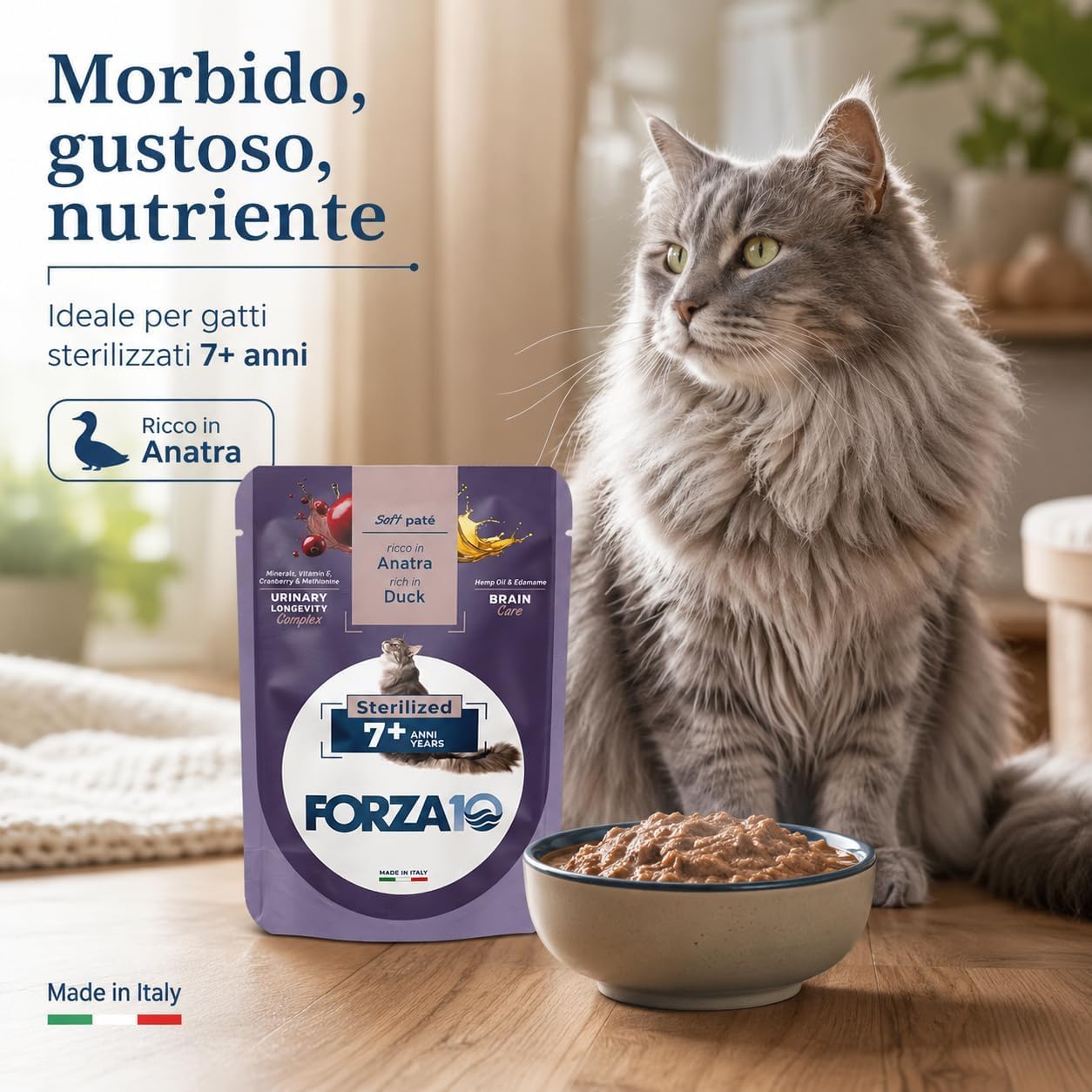 Soft Patè Gatto Anatra 7 anni sterilized– Forza10 Cibo Umido per Gatti Anziani sterilizzati di tutte le Taglie e Razze,Monoproteico,24 Bustine x 80g, Alimento Completo.