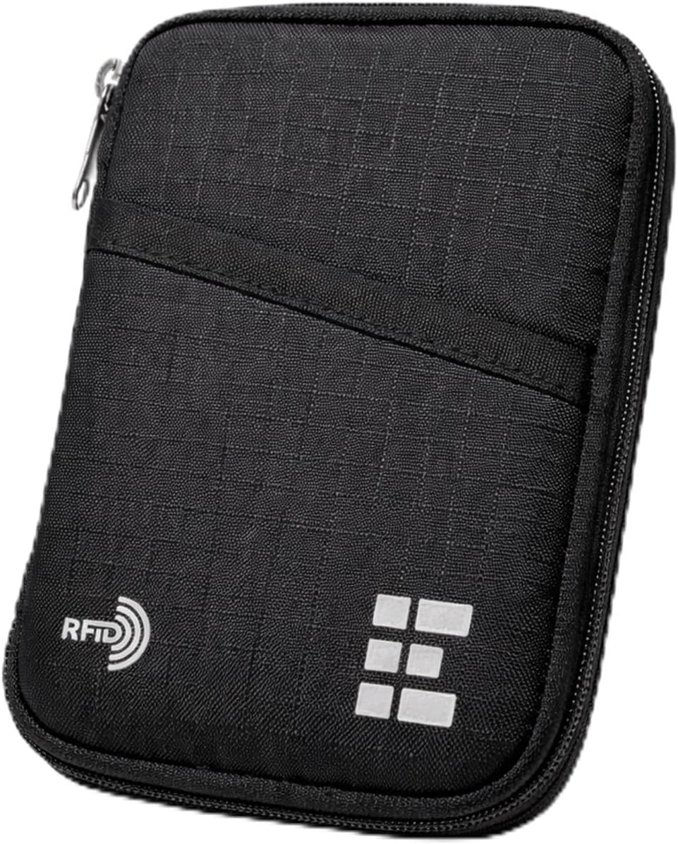 RFID Passport Holder & Travel Wallet, Zippered Wallet for Men & Women, Fits Passport, Cards, Cash, Tickets, ID, Sim Card; Premium & Compact Travel Document Holder - Midnight Black
