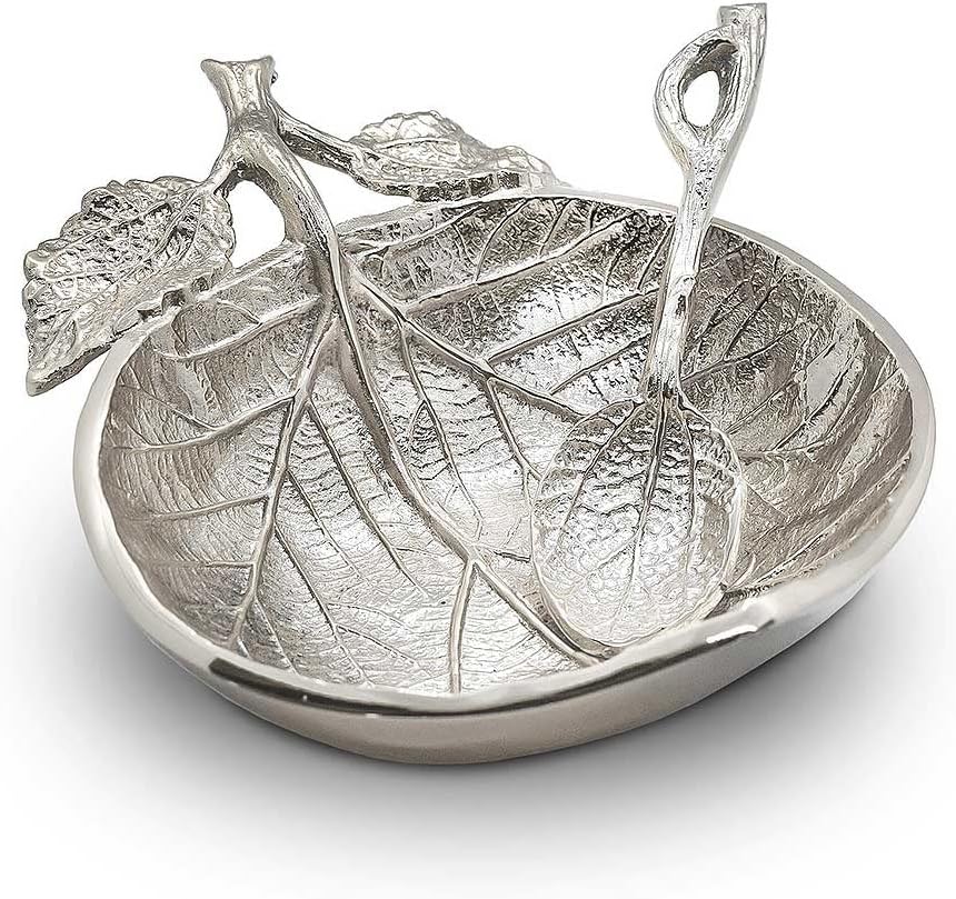Zion Judaica Rosh Hashanah Artistic Honey Plate with Spoon Apple Shaped Leaf Elegant Honey Dish for Apple Dipping Tradition Jewish New Years Decorations (Nickel)