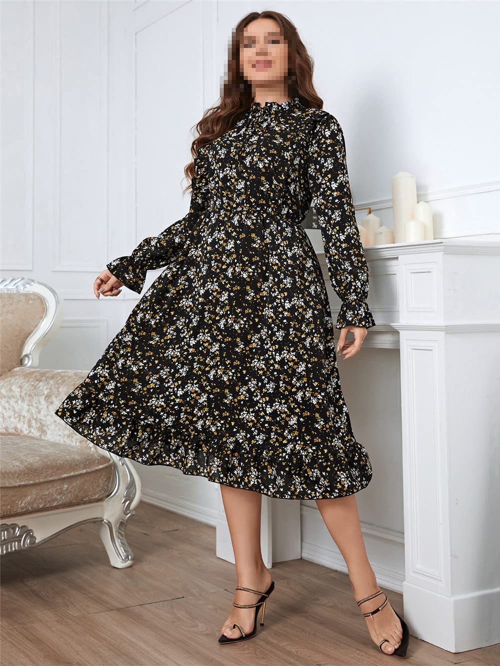 Vsadsau Vestido midi de gasa con estampado floral para mujer, talla grande, vestido de fiesta de manga larga abombada