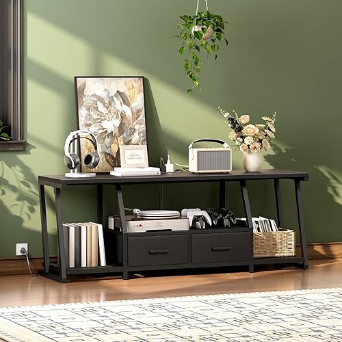 Miniatura 7 de Soporte de TV LED para televisor de 75 pulgadas, centro de entretenimiento con estantes abiertos y tomas de corriente, mesa de consola de TV con