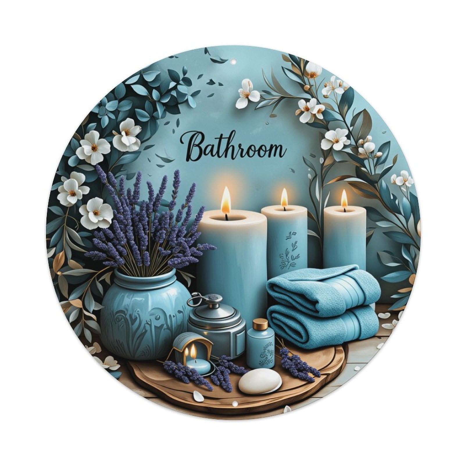 Floral Lavender Candle Bath Towel Round Tin Sign Retro Metal Sign for Cafe Bar Pub Home Game Room Gym Club Wall Decoration Vintage Metal Poster 8x8 Inch