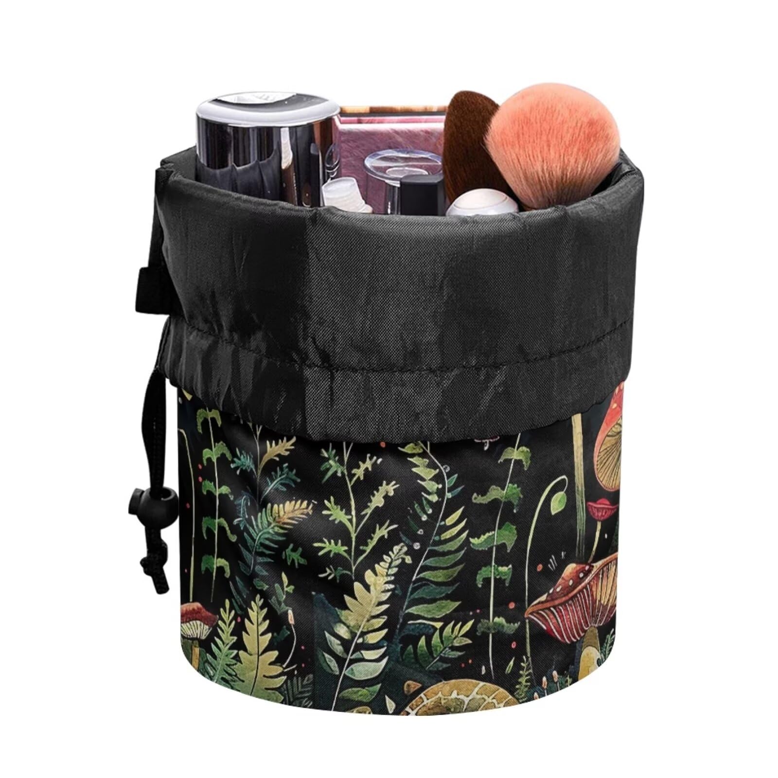 chaqlin Moon Mushroom Travel Cosmetic Bags Barrel Makeup Bag,Women Girls Portable Foldable Cases Multifunctional Toiletry Bucket Bags Round Organizer Storage Pocket - Image 2