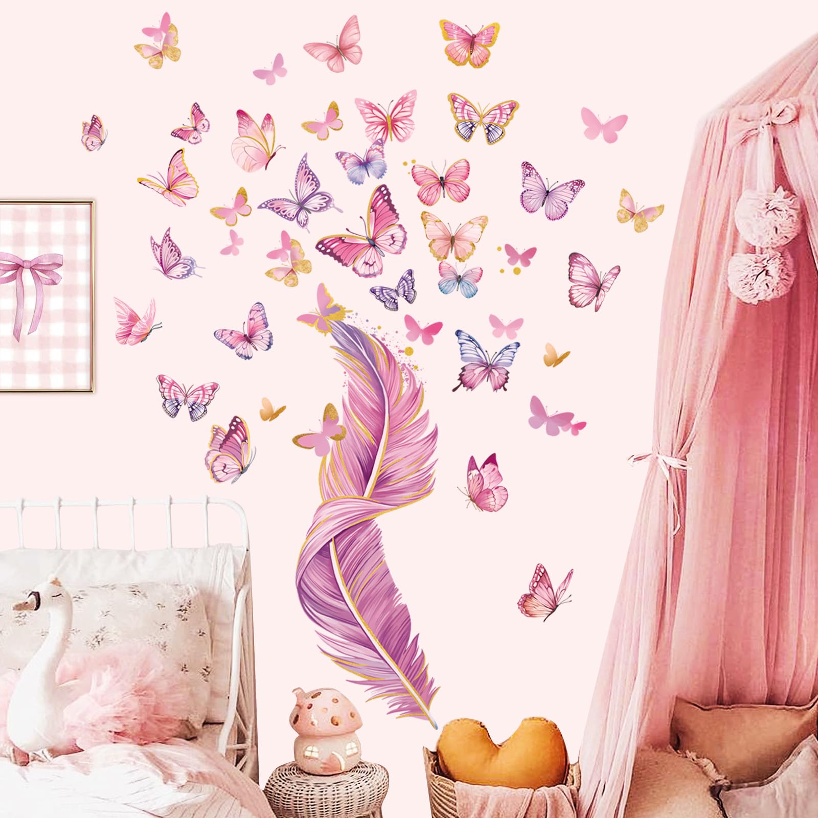 decalmile Colorful Butterflies Wall Decals Pink Feather Wall Stickers Baby Nursery Girls Bedroom Bathroom Wall Decor
