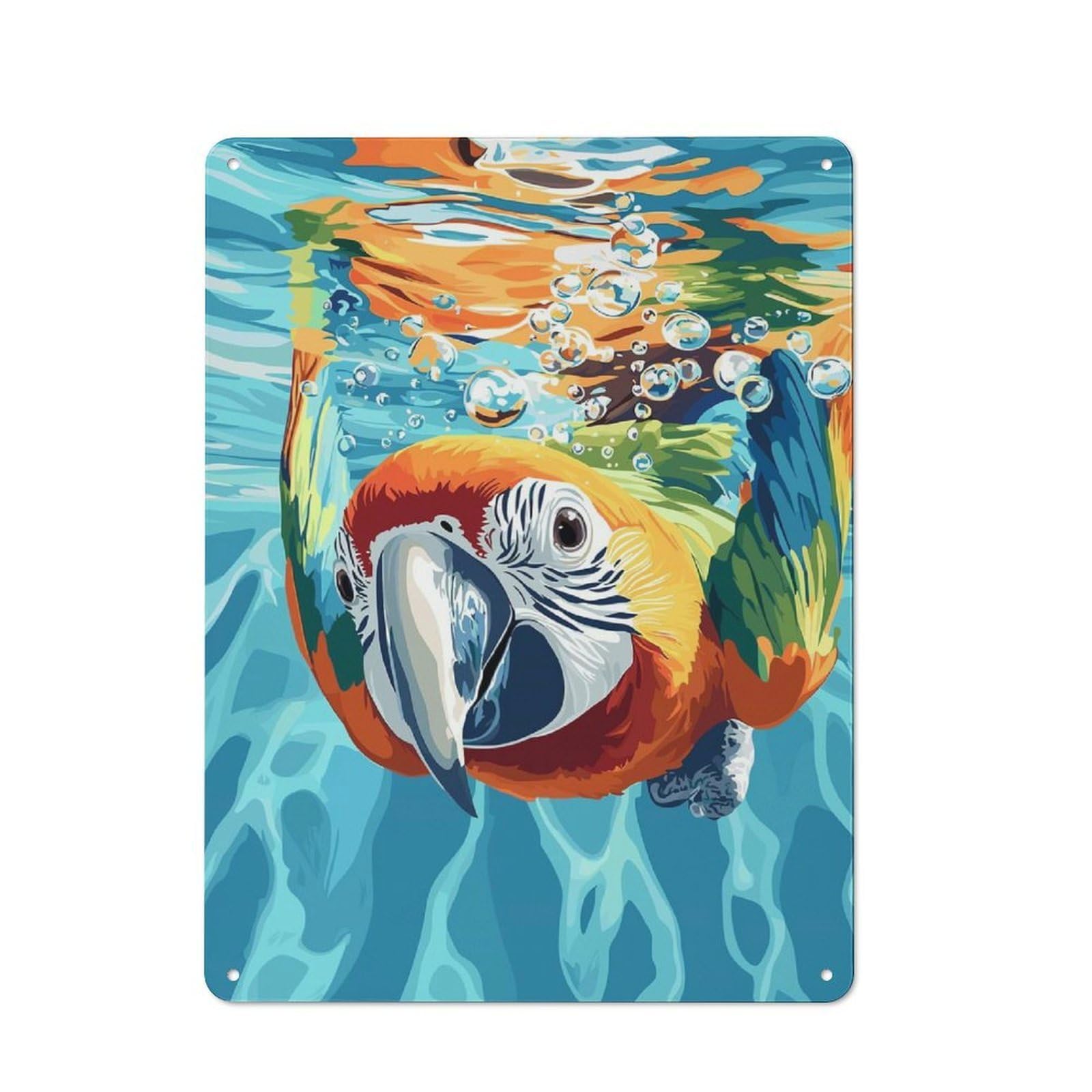 Industrial Metal Sign with Macaw Parrot Swimming Underwater Illustration Design 40x30cm, Modern Retro Loft Wall Plaque for Workspace, Cafe, Hallway Or Garage