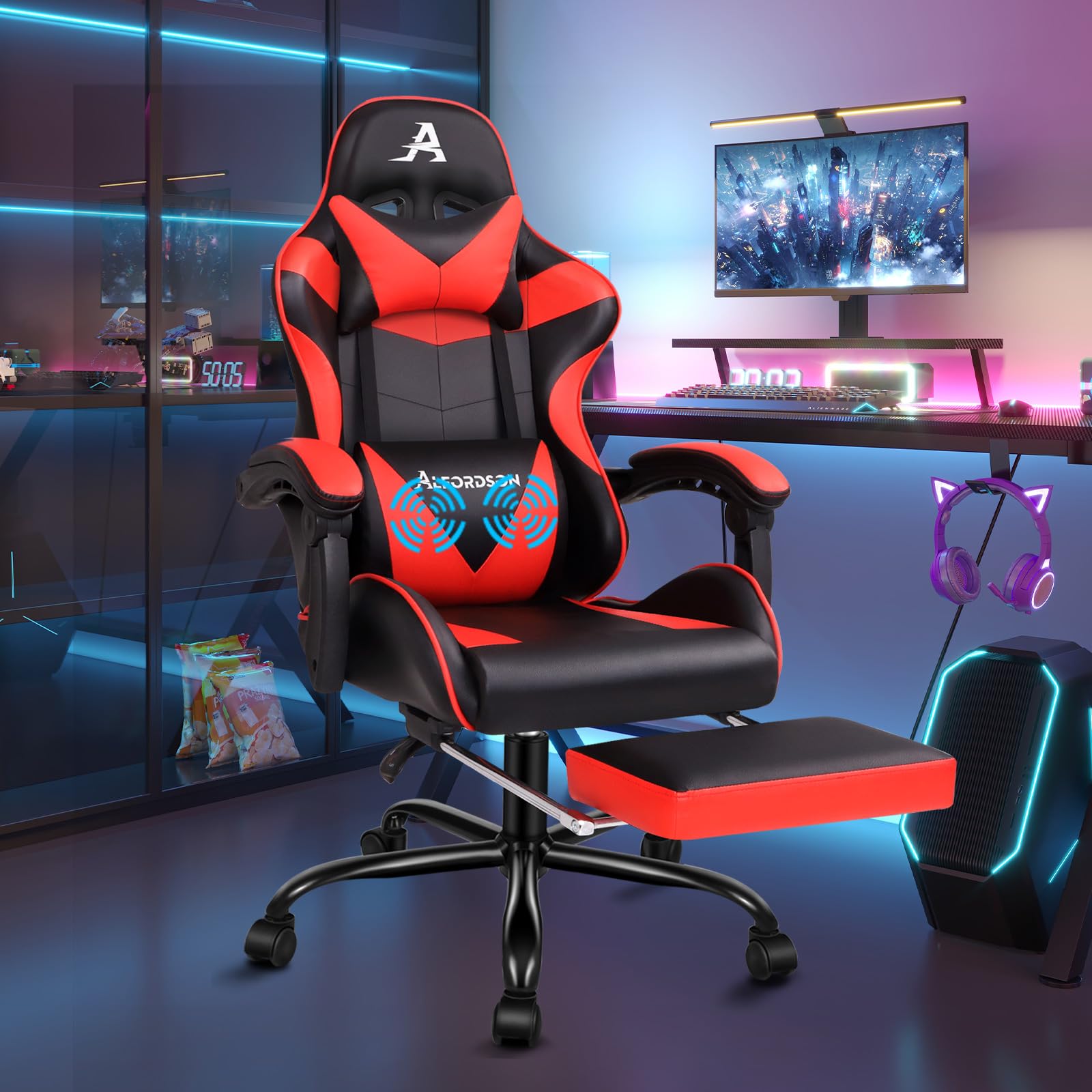 ALFORDSON Sedia Gaming Massaggiante, Sedia Gamer Professionale, Cuscino Lombare & Poggiatesta, Poltrona Ergonomica da Ufficio con Poggiapiedi, Portata 180 kg, Regolabile 90-150°, Similpelle(Rossa) | Poltrona Gamer in Similpelle Serie VOGLER, Schienale reg