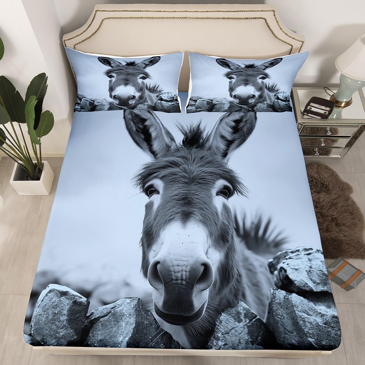 Erosebridal Funny Donkey Bedding Set QueenFarm Animal Bed Sheets Grey Retro Donkey Fitted Sheet for Kids Boys Teens Adults Men Bedroom Soft Microfiber