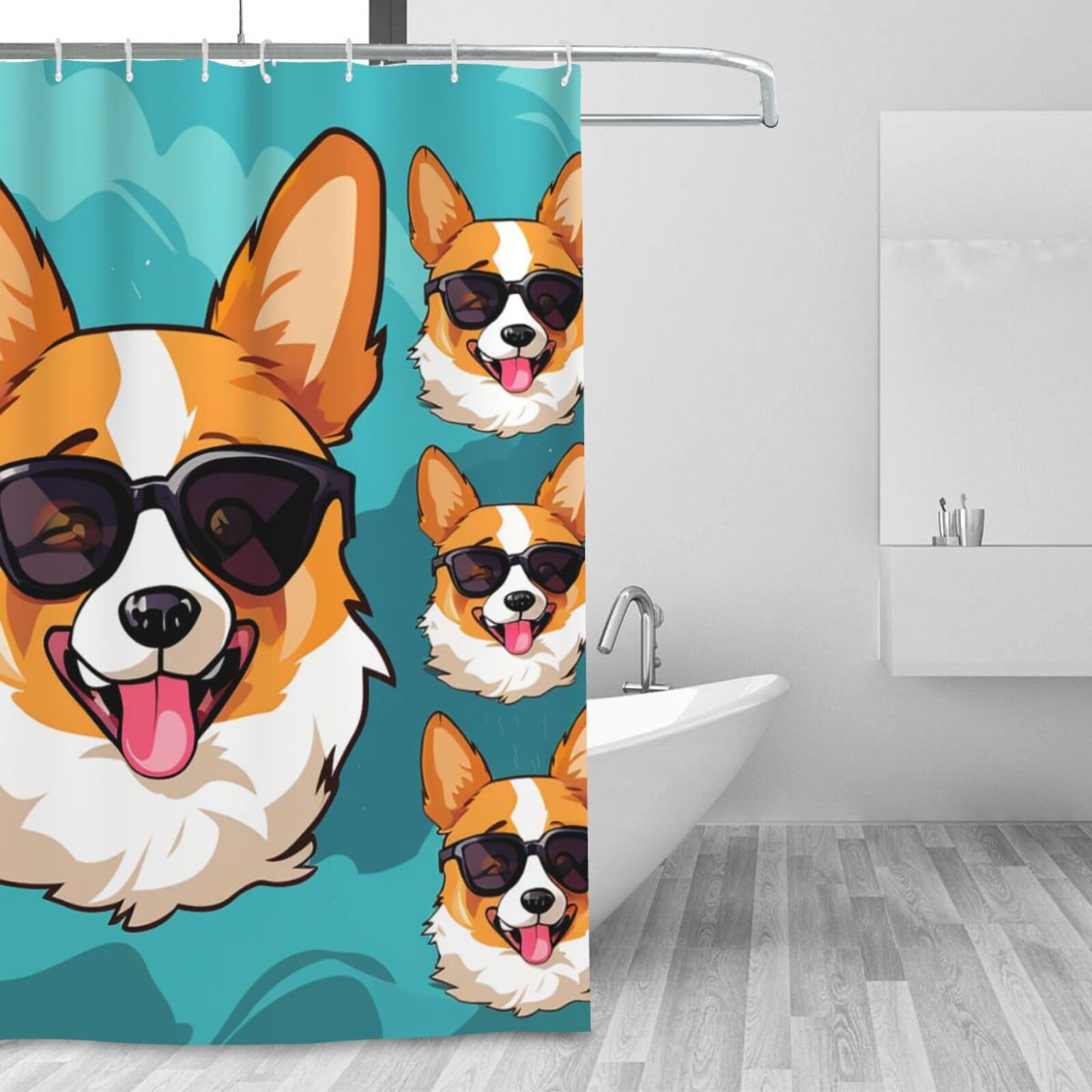 Rideau de douche imperméable en tissu corgi 183x183 cm avec crochets