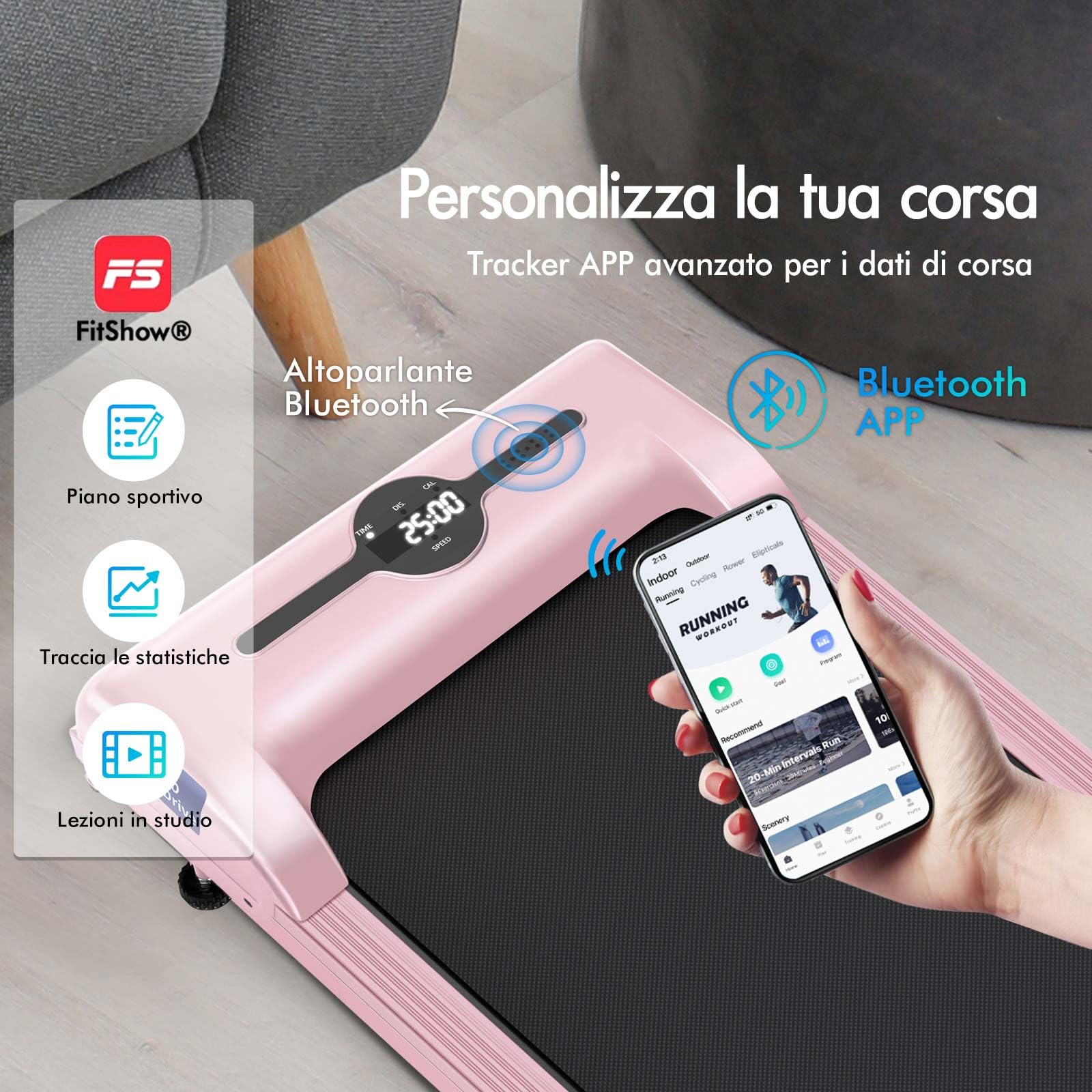 BLACK LORD Tappetino da passeggio intelligente, tapis roulant 2 in 1 sotto la scrivania per ufficio domestico, macchina da jogging portatile con app e telecomando, Con Maniglia, Rosa