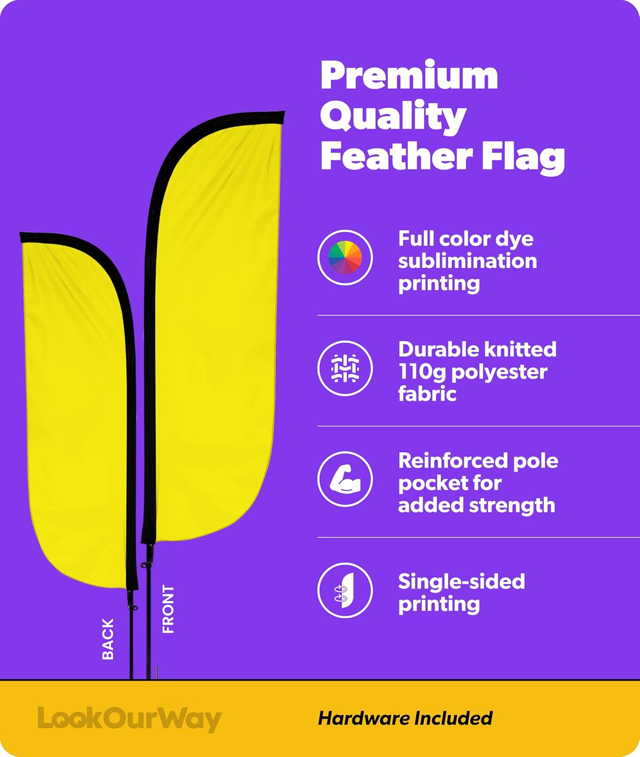 lookourway feather flag pole kit - 7 feet tall advertising banner with fiberglass pole set and ground spike for business promotion - food flags ground spike yellow