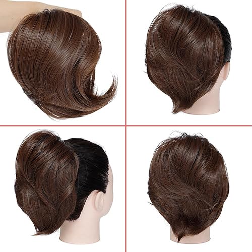 Miniatura 2 de KETHBE Moño desordenado, extensión de cola de caballo corta sintética, banda de goma elástica, moños para el cabello para mujeres (CZ-bronce marrón)