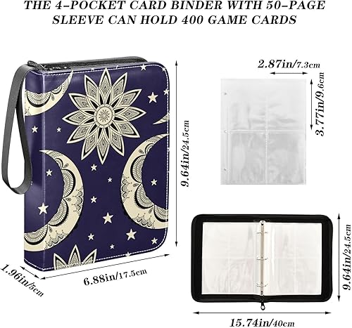Miniatura 3 de Carpeta de tarjetas coleccionables estilo bohemio vintage con diseño de luna, sol y estrellas, 4 bolsillos con 50 fundas extraíbles, carpeta de