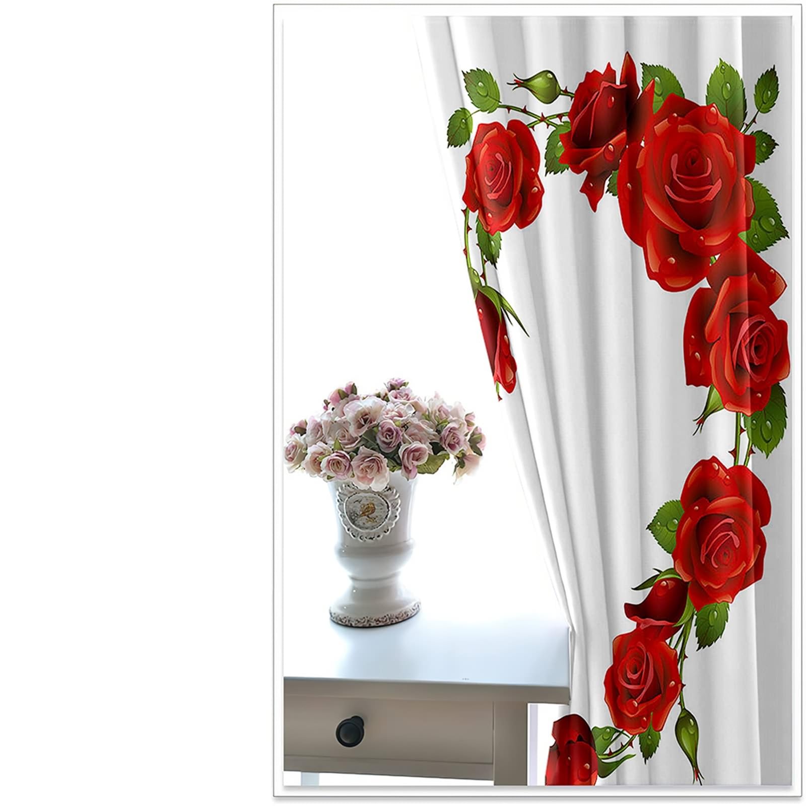 Fenstervorhänge Wohnzimmer, 234x274cm Weiß Rot Gelb Grün Herz mit Rosen Vorhang für Schlafzimmer/Wohnzimmer