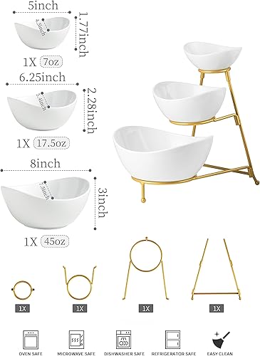 Miniatura 3 de Juego de cuencos de porcelana para servir aperitivos con 2 compartimentos, estante de tacos para patatas fritas y inmersiones, juego de servir barra