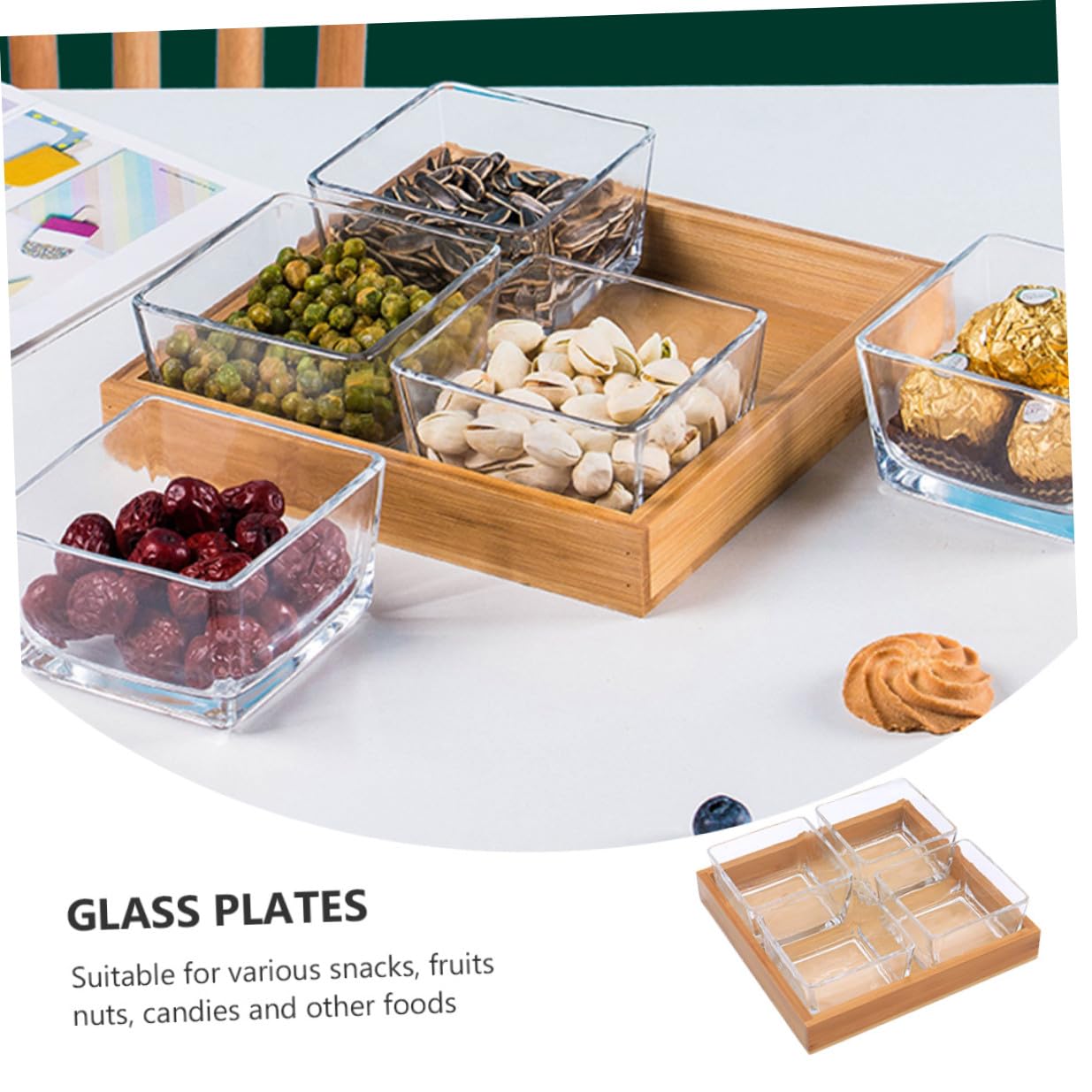 jojofuny Plateau à Fruits Compartimenté en Verre Transparent 4 Compartiments Assiette à Noix pour Collations Plateau de Service pour Fruits Secs pour Présentation et Organisation de