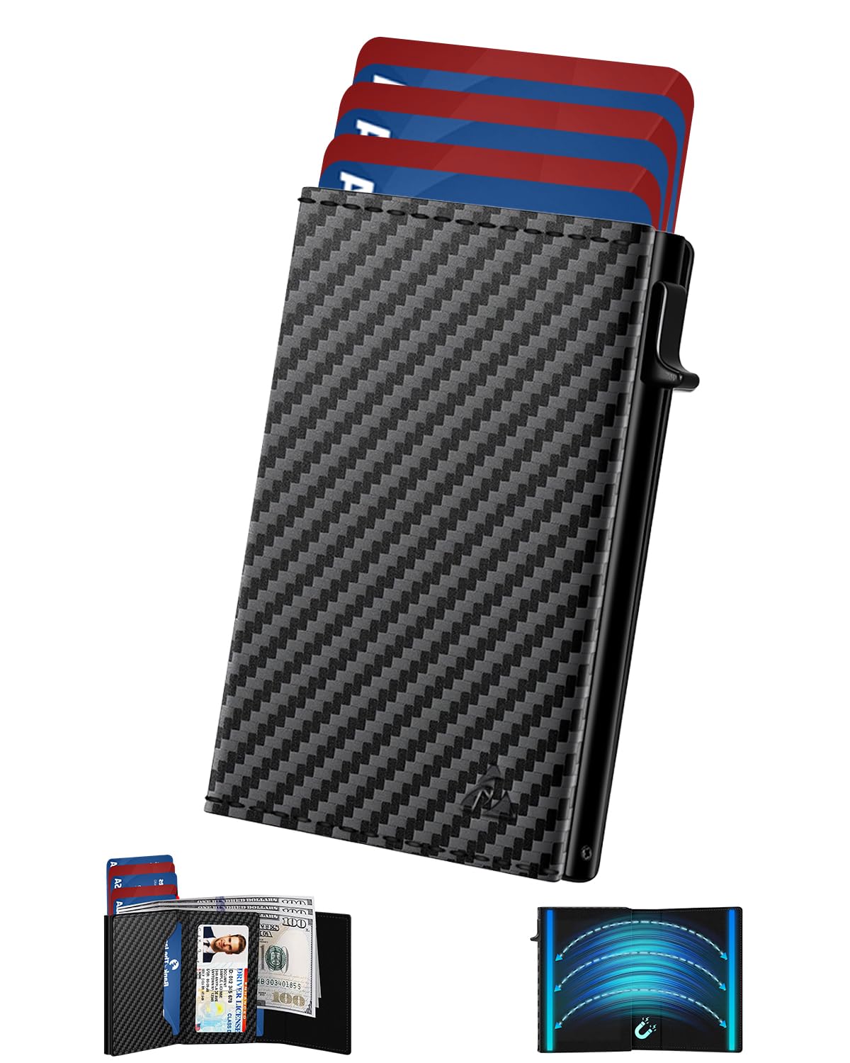 Mens Wallet Card Holder - Pop Up Aluminum Case, Flexible Carbon Fiber Leather, Smart Wallet for Men, RFID Blocking, Slim, Minimalist, Front Pocket - 9-14 Card Capacity | ID Window | Cash Slot