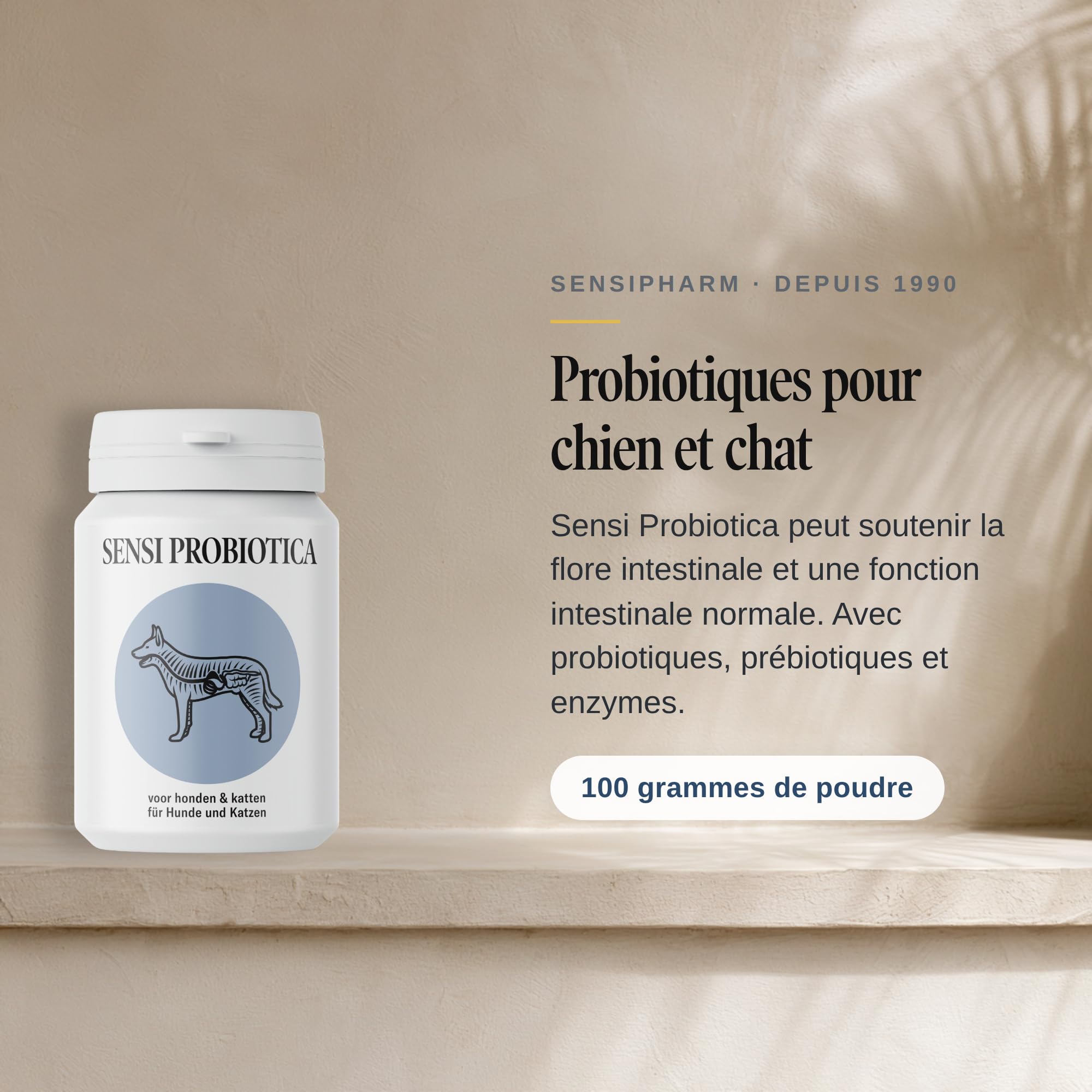 Sensi Probiotique Chien & Chat - 15 Souches - 100 g Poudre | Avec inuline et FOS, après antibiotiques ou changement d'alimentation, pour chiots et chatons