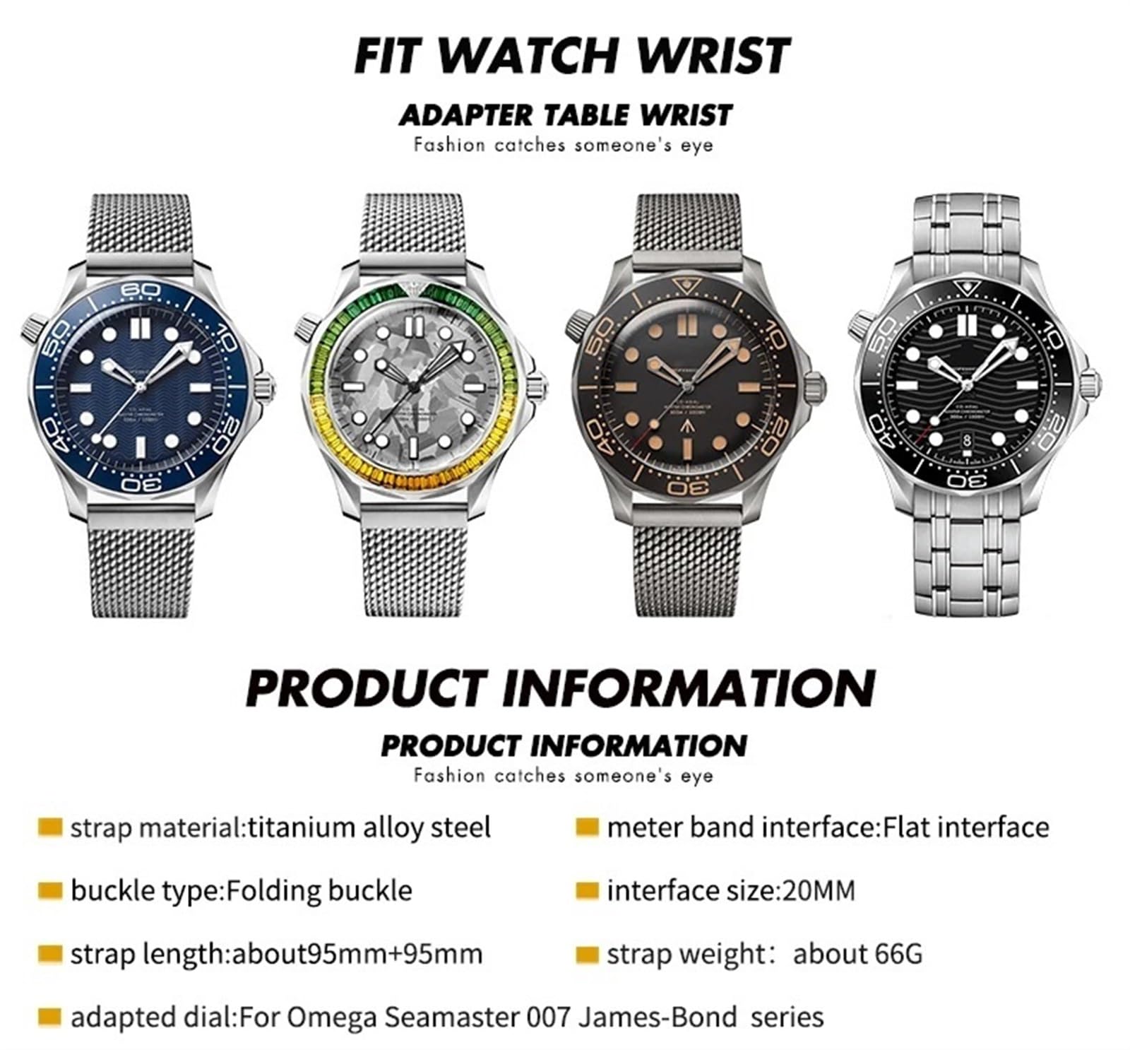 JDIME Solidny pasek ze stopu tytanu 19mm 20mm do paska zegarka Omega 007 Seamaster Diver 300 tkane metalowe bransoletki