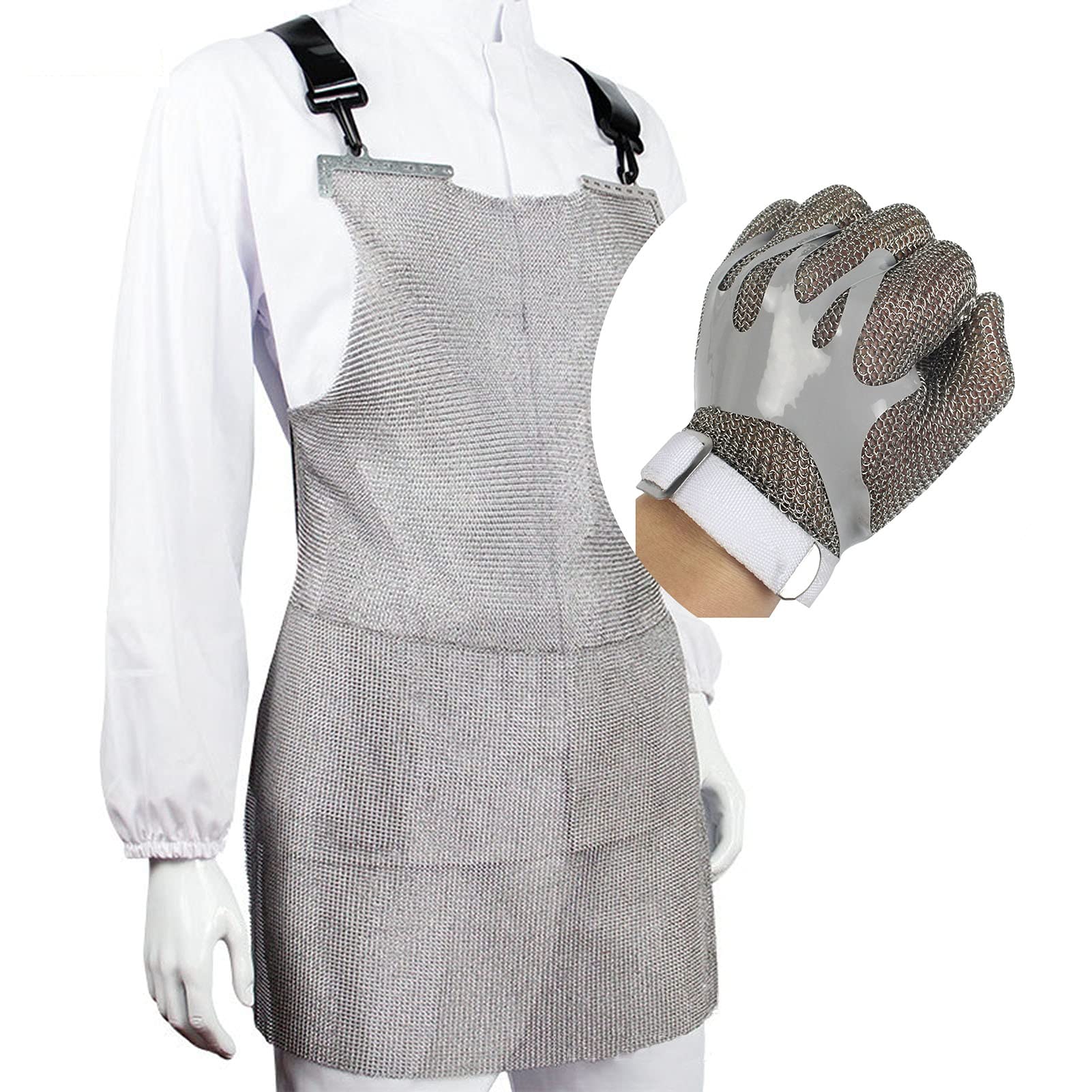 Guantes Anticortes, Guantes Resistentes a Cortes, de Seguridad para el Trabajo en el procesamiento de Alimentos y Carne, con Correa de muñeca Ajustable y Delantal.
