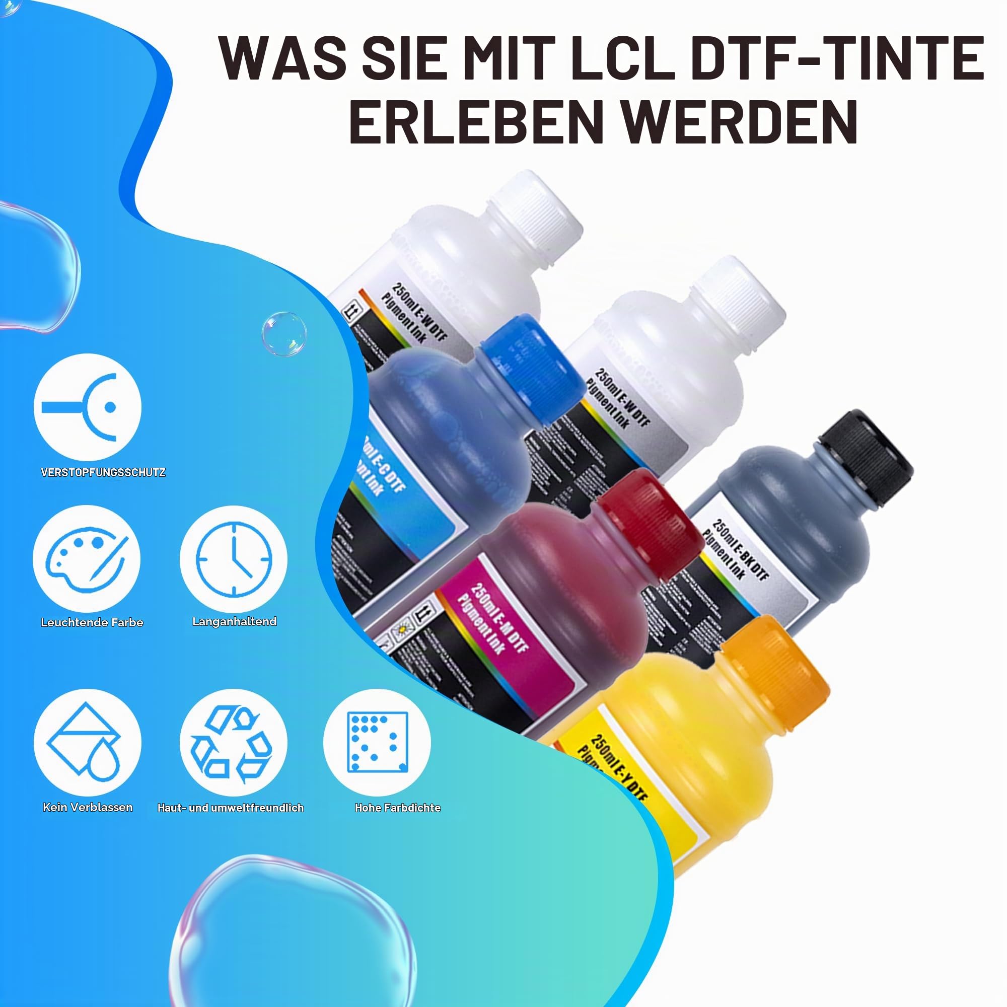LCL 1500ML DTF Tinte, DTF Transfertinte Nachfülltinte für Epson ET-8550, XP-15000, L1800, L805, R1390, R2400, F2000, F2100, F2200, P700, P900,Wärmeübertragungsdrucktinte Set (250 ml x 6, CMYK 2 Wh)