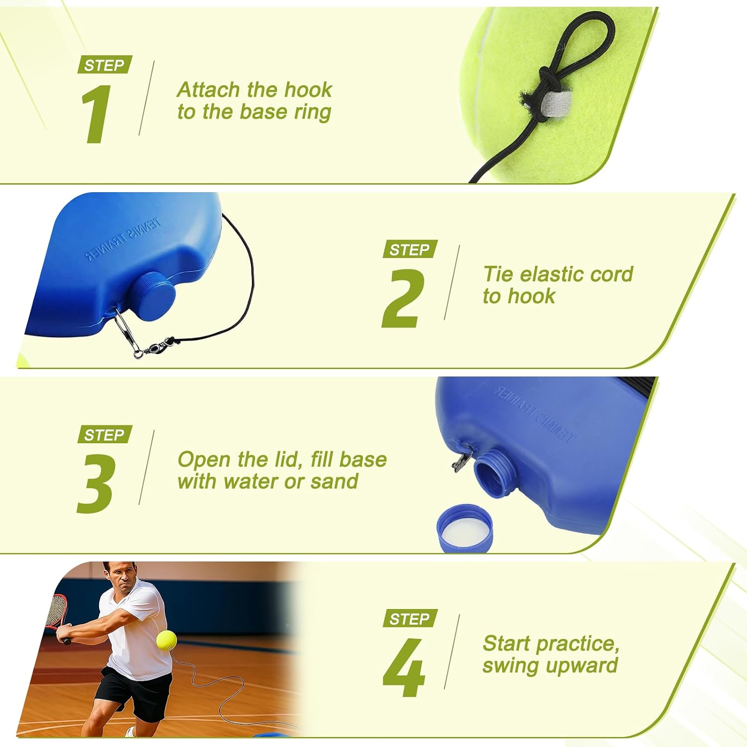 Tennis Trainer Rebound Ball Set with Weighted Base, Portable Solo Practice Rebounder with 3 Balls & Elastic Strings, Tennis Training Equipment for Adults Beginners to Improve Swing