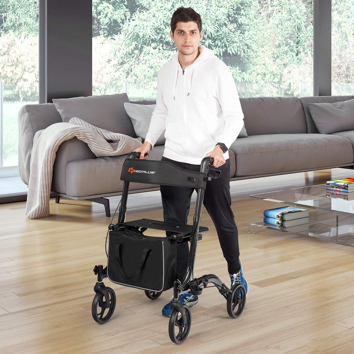 COSTWAY Deambulatore Pieghevole per Anziani Ultraleggero, con Sedile Borsa da Spesa e 4 Ruote Freno a Mano, Rollator Altezza Regolabile, Capacità 136kg, Lega di Alluminio, Nero (Nero)