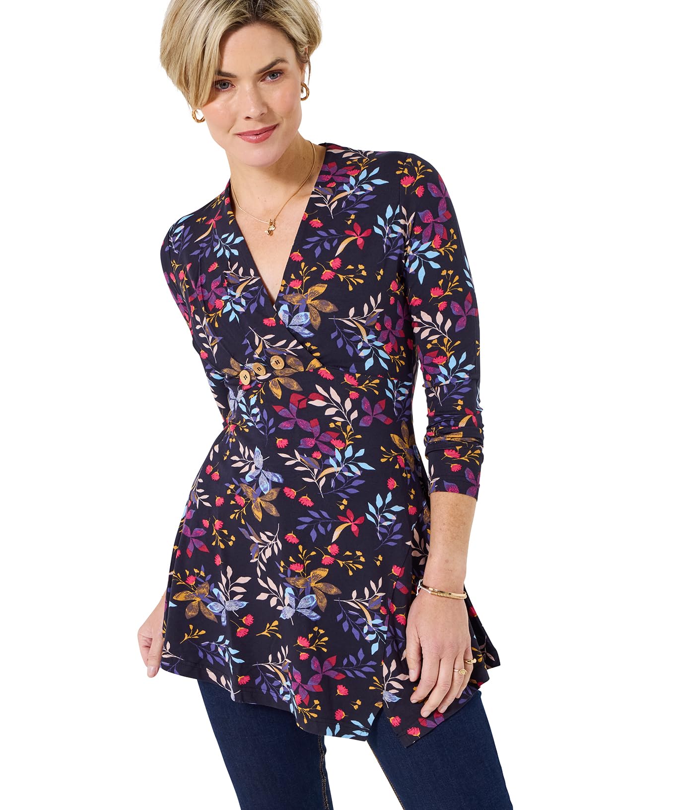 Joe Browns Women's Floral Slim Fit Asymmetric Hem Long Sleeve Tunic Top Shirt, Blue, 8